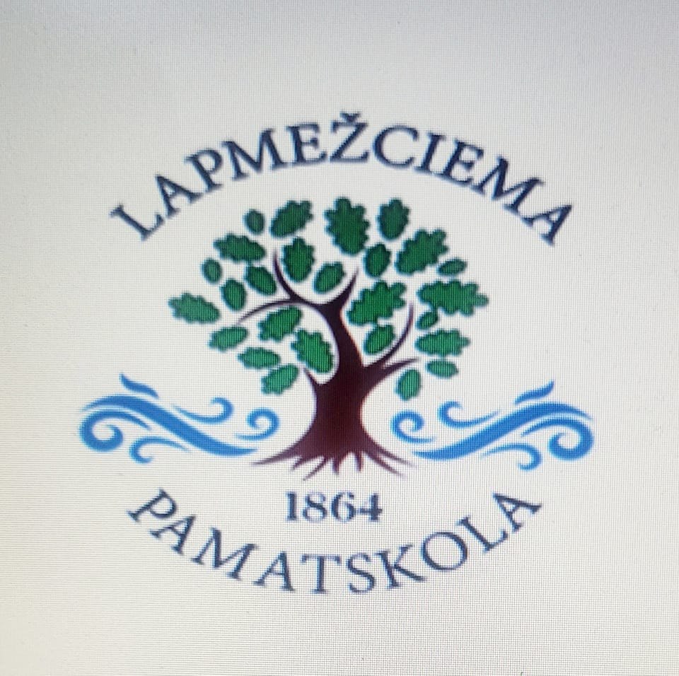 Lapmežciema pamatskolas logo - centrā ozols, gar malām viļņi, zem ozola skolas dibināšanas gads - 1864.